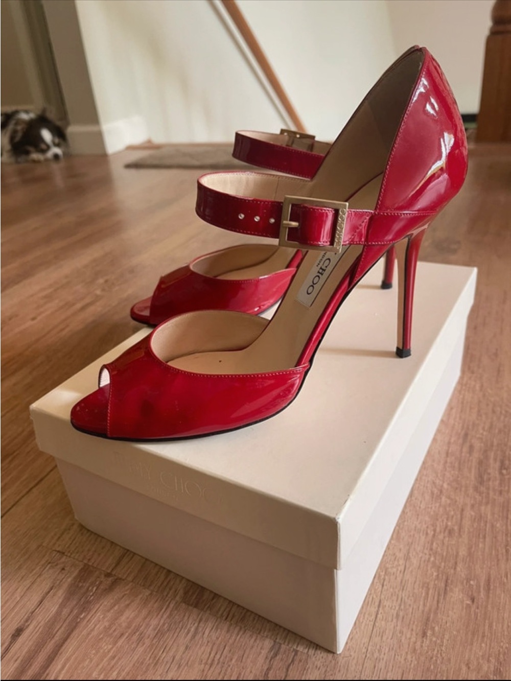 Jimmy Choo Red Patent Leather Double-Strap Peep-Toe Pumps size 40